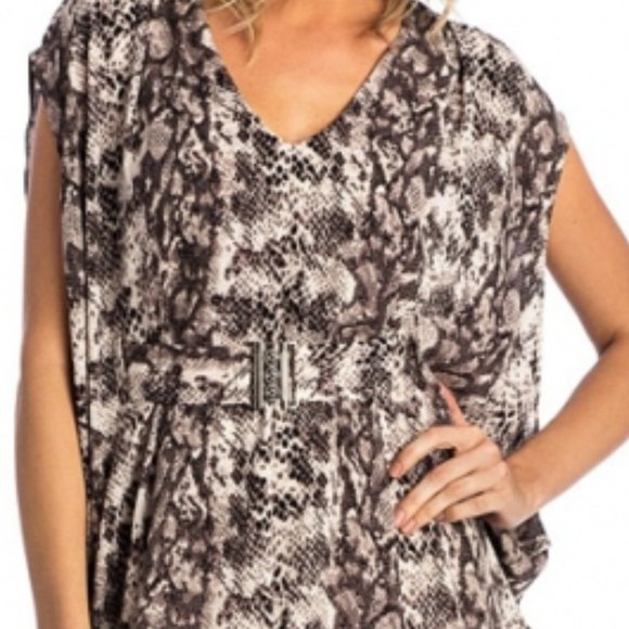 Marisa Kenson Brown Snakeskin Open Sleeve Draping Hi-Lo Hem Dress - size XS NWT - Picture 4 of 7